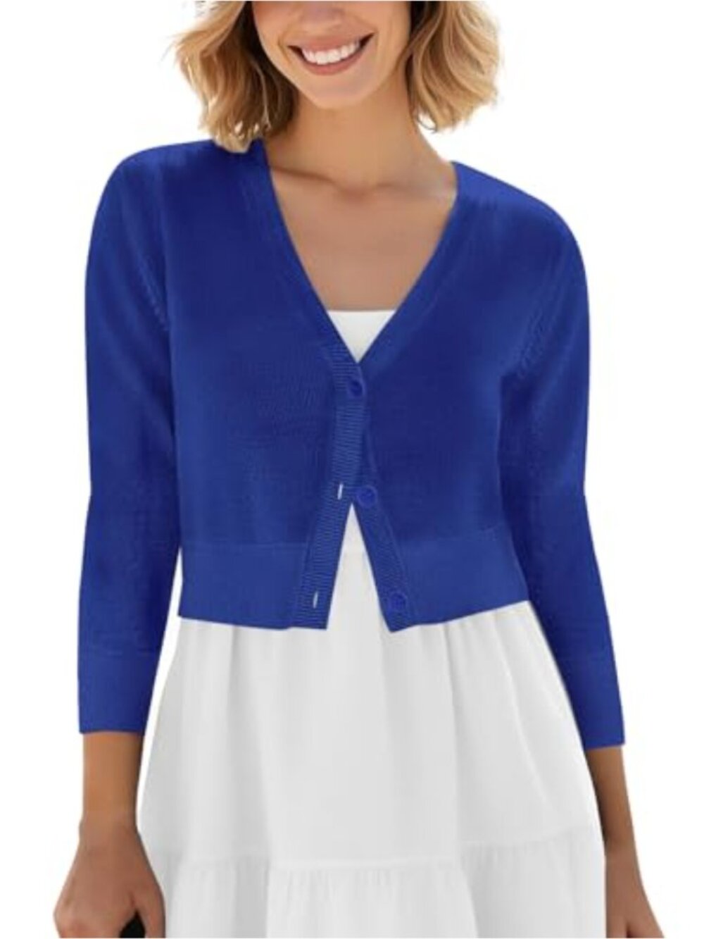 Cropped Cardigan V-Neck Button Down Knitted Sweater 3/4 Sleeve
